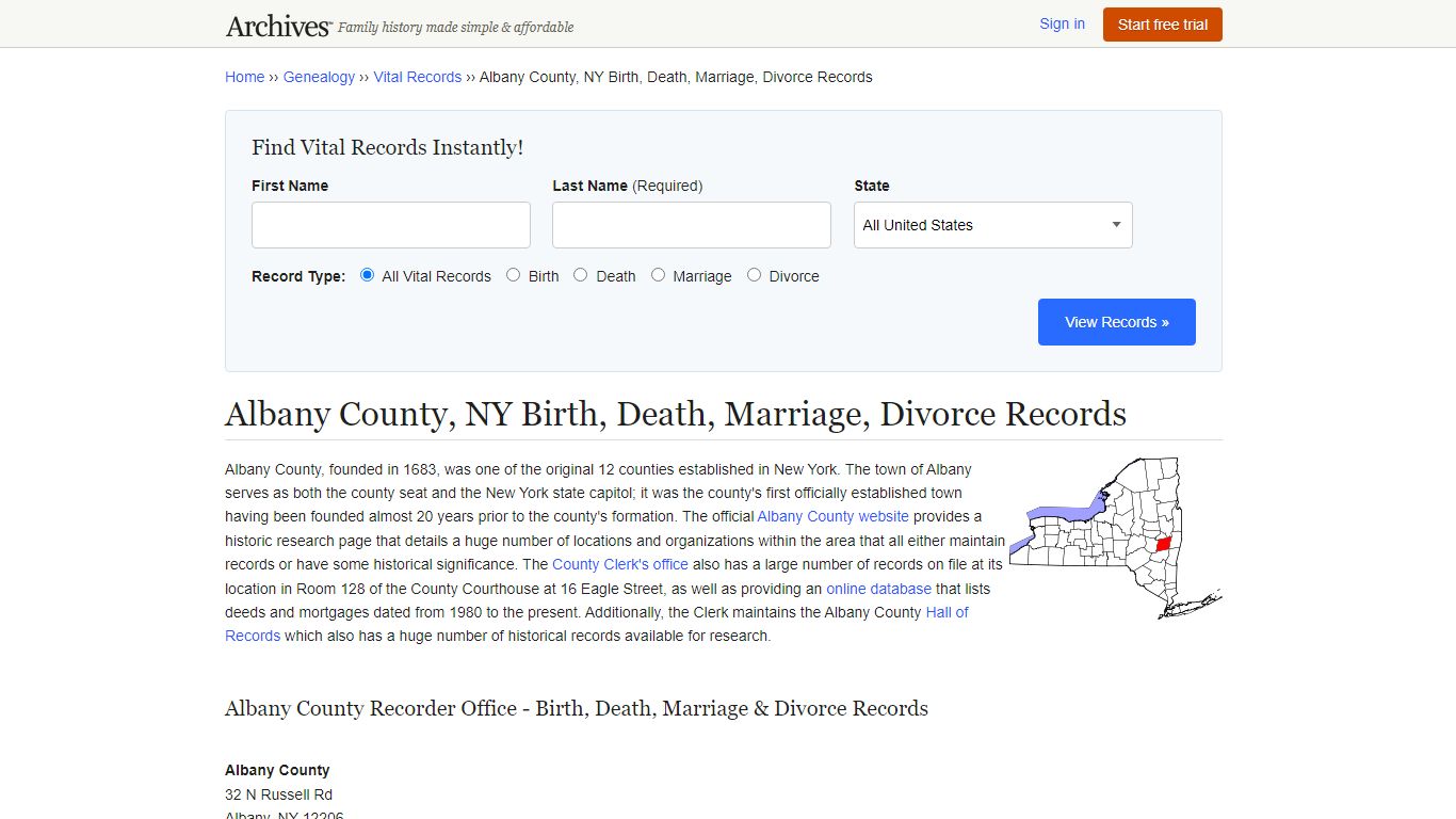 Albany County, NY Birth, Death, Marriage, Divorce Records